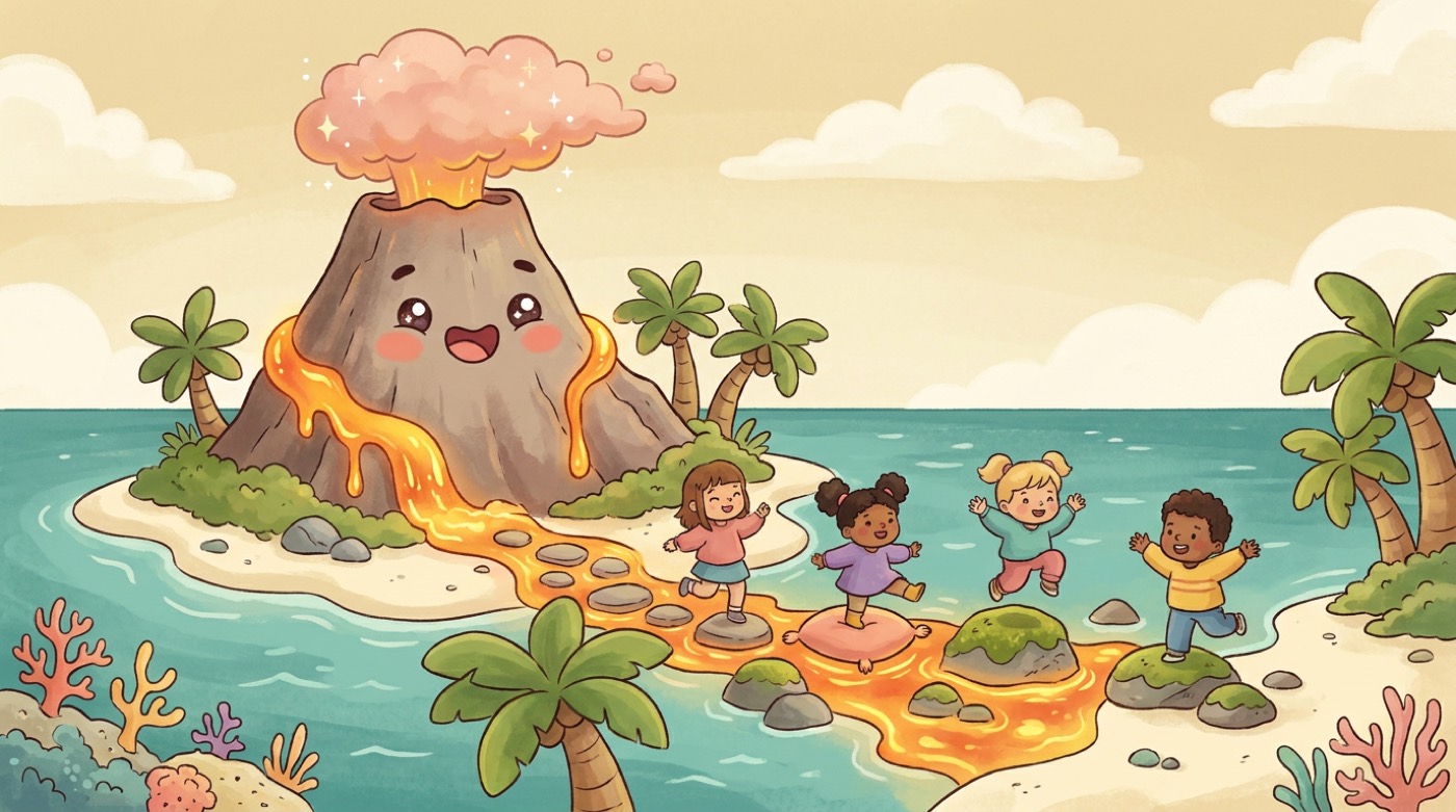 A smiling kawaii volcano island with kids hopping across stepping stones over a lava stream